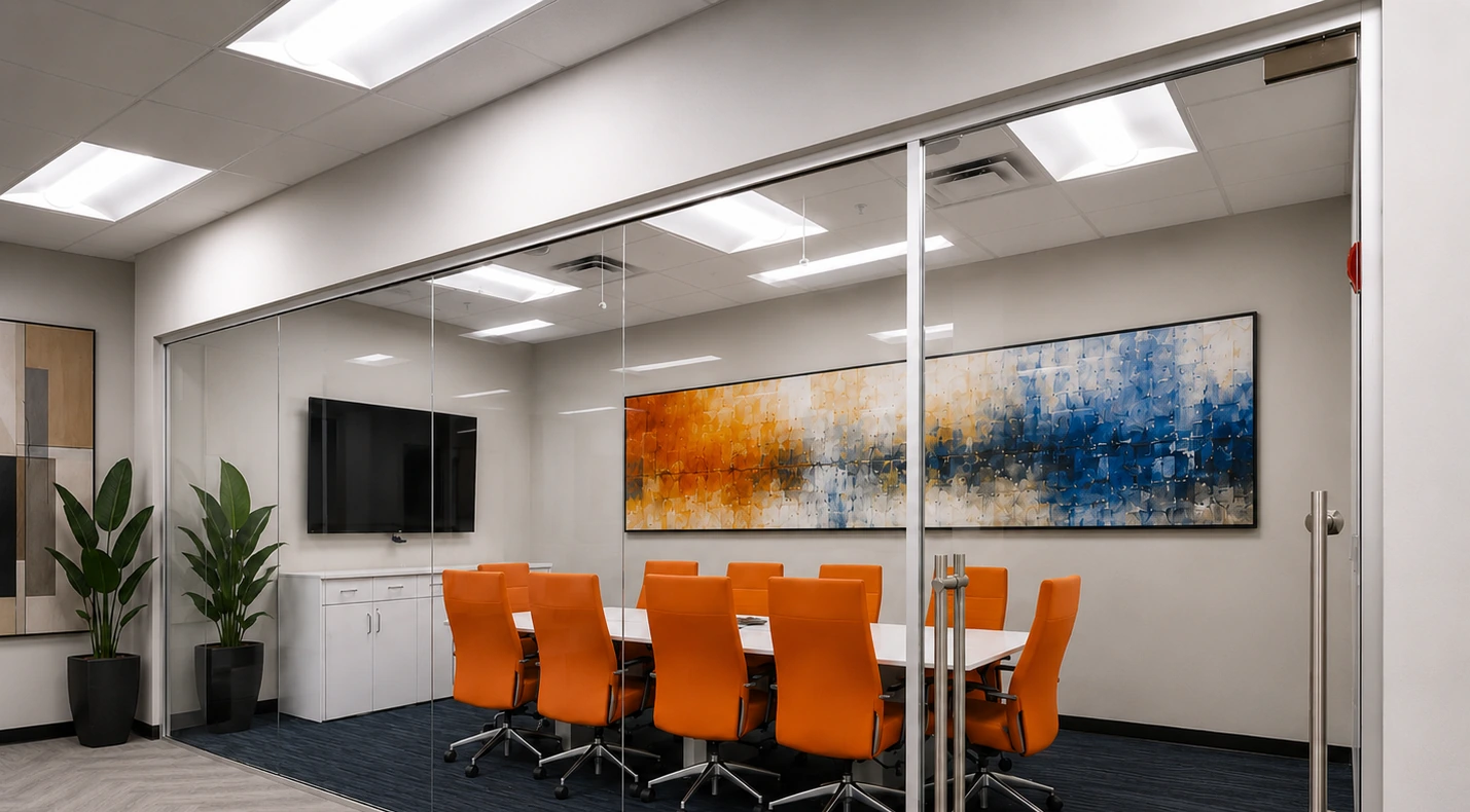 Atlanta office glass wall changing from clear glass to privacy glass for commercial privacy-on-demand projects.