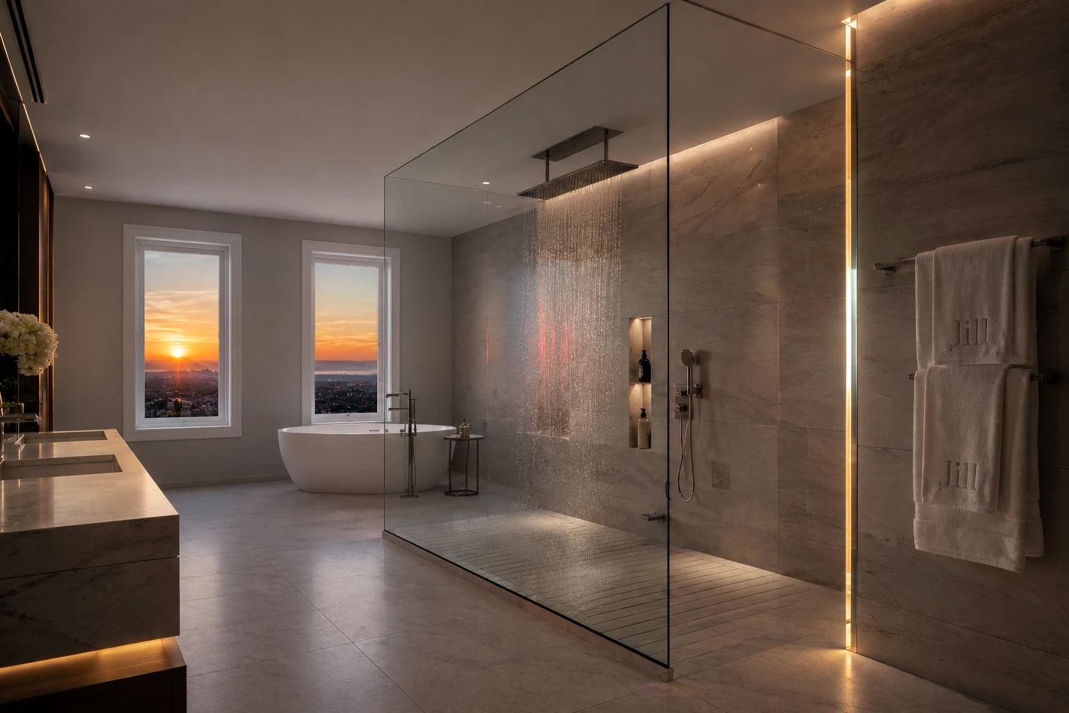 Jacksonville luxury bathroom glass changing from clear glass to privacy glass for premium residential projects.