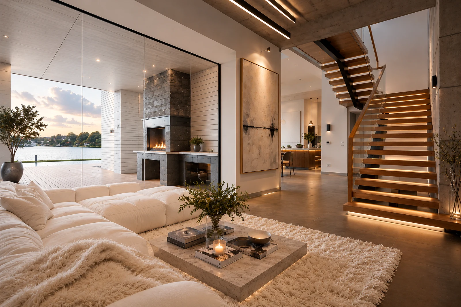 Switchable smart glass wall in a premium residential living room changing from clear to private
